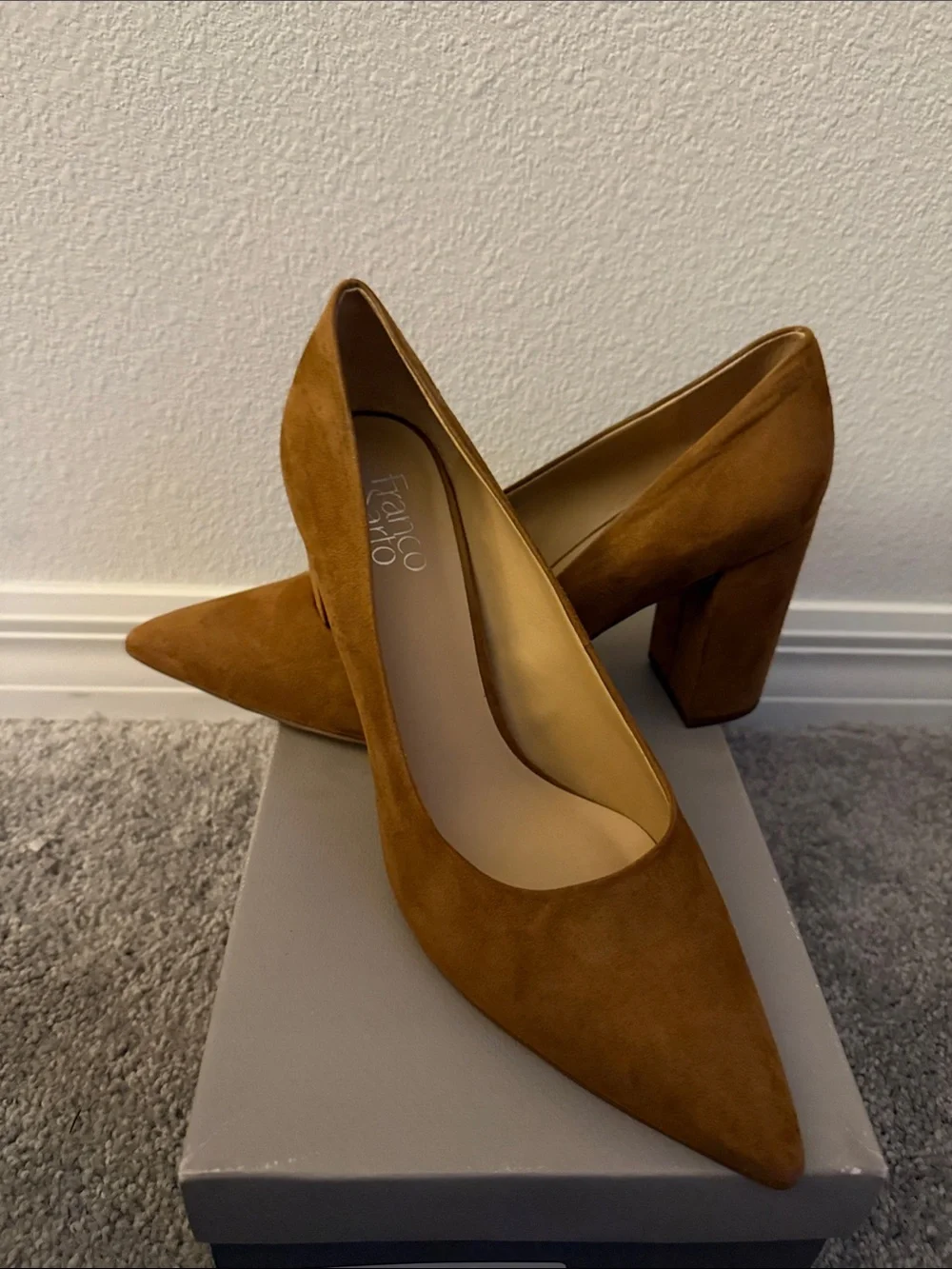 Franco Sarto Chestnut Suede Pointed Toe Block Heel Pumps